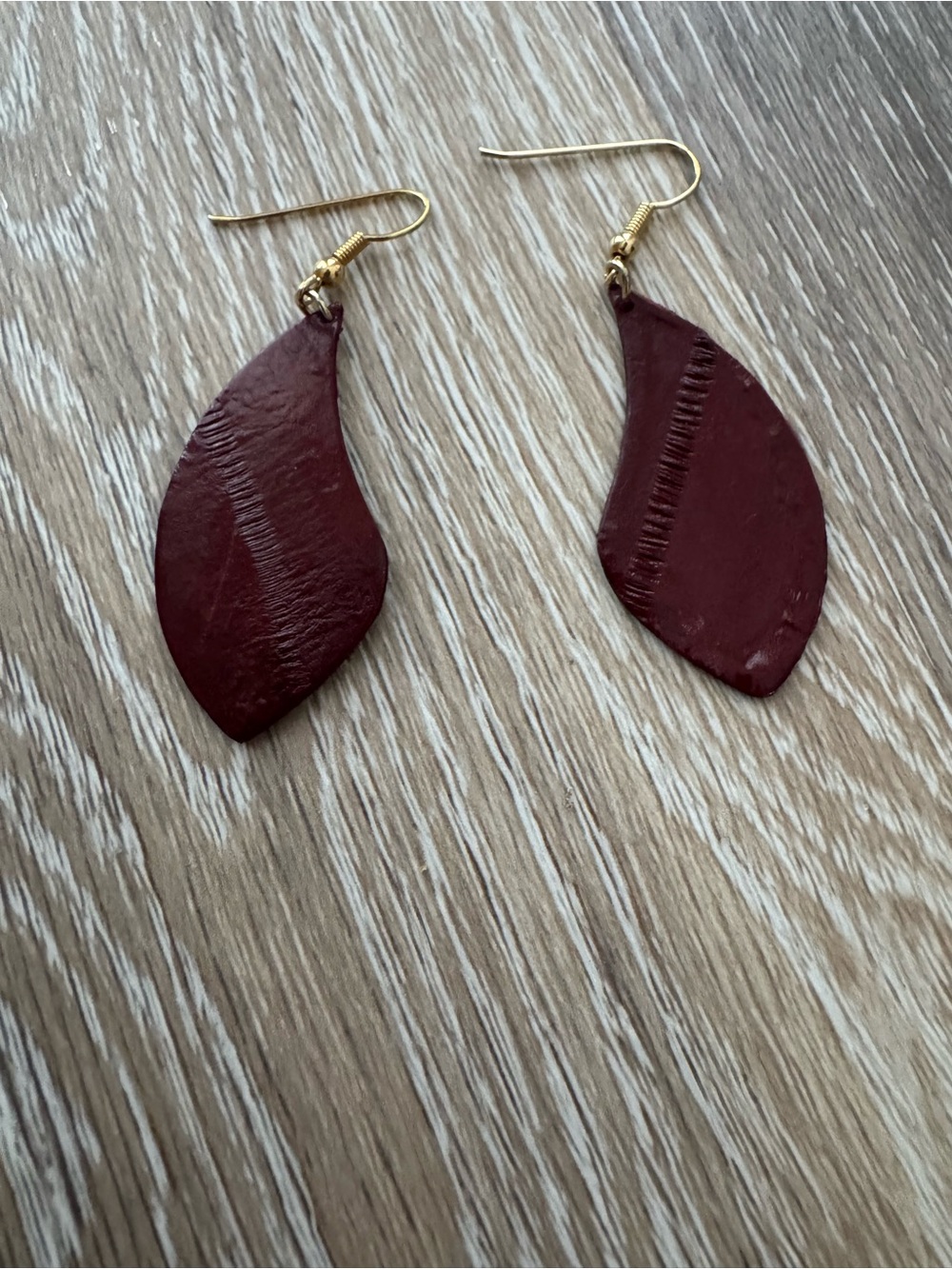 Dangle drop red leather hook earrings